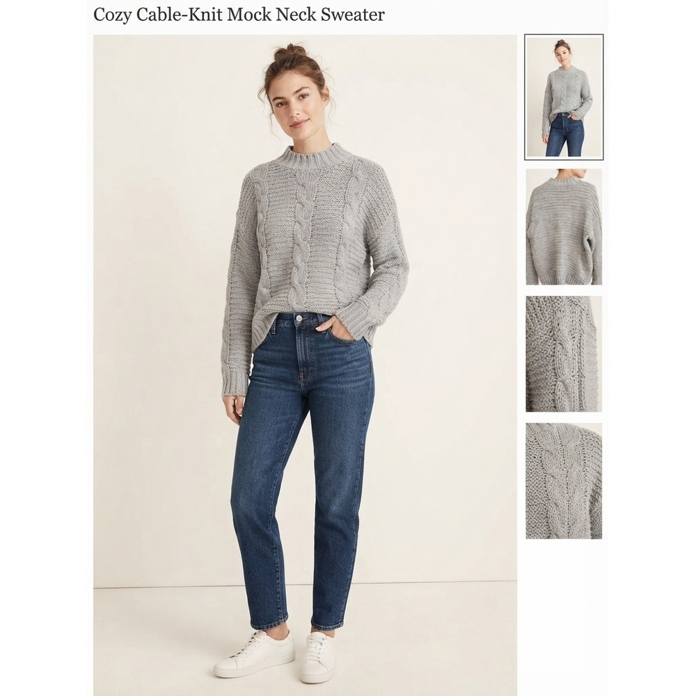 LOFT Sweater Women Large Gray Cozy Cable-Knit Mock Neck Chunky Pullover
